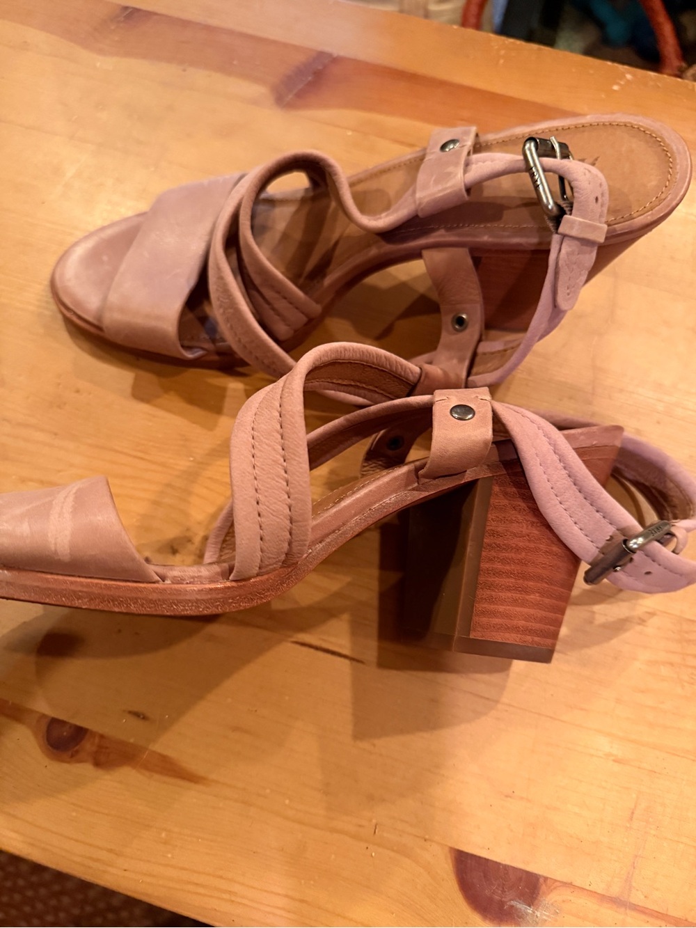 New Frye Dusty Rose Leather Block Heel Sandals with Ankle Buckle